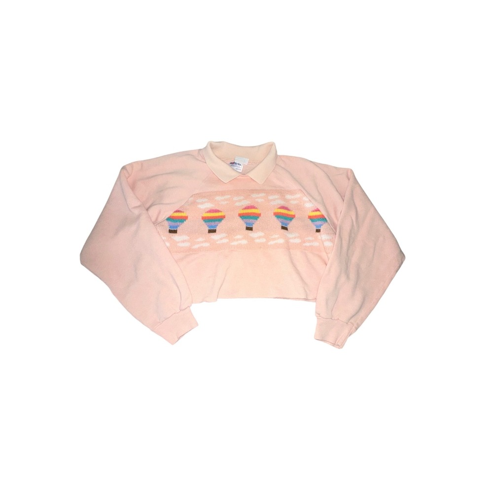 Vintage Hanes Pink Hot Air Balloon Rainbow Knit Collar Sweatshirt USA Made Large